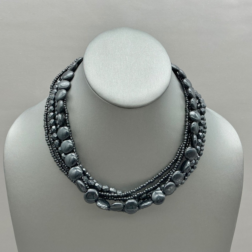 Premier Designs Necklace Black Multi Strand Beaded Statement Costume Jewelry 16"